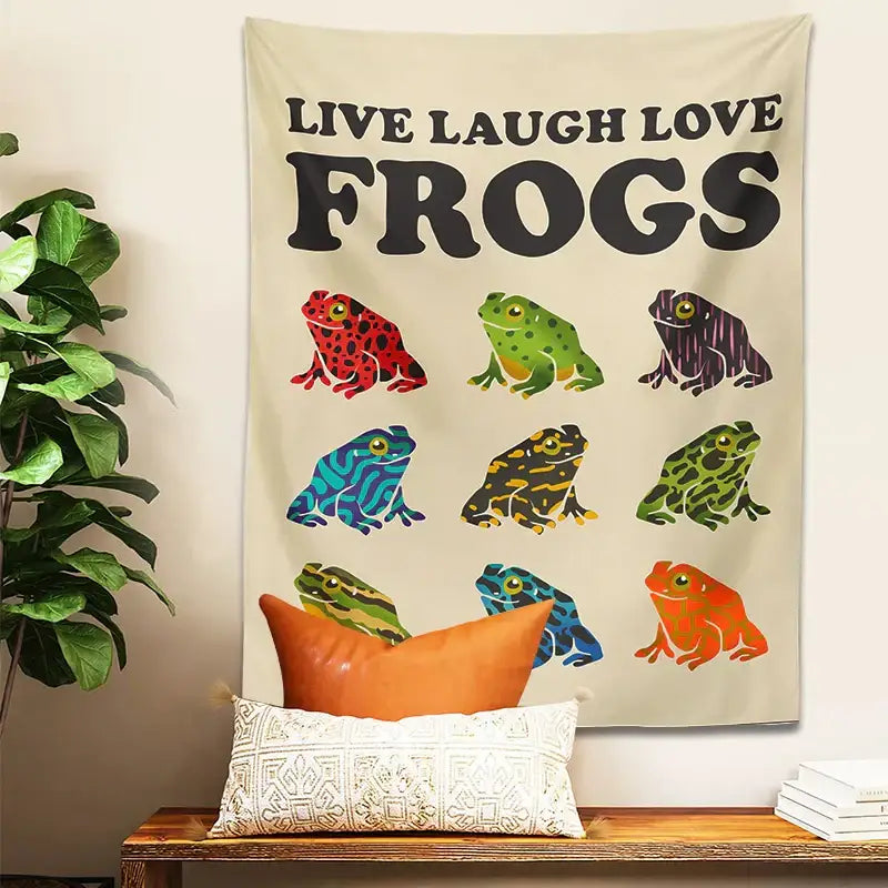 Beige live laugh love frogs tapestry wall hanging with bold black text and colorful frog illustrations for bedroom decorbites frogs tapestry