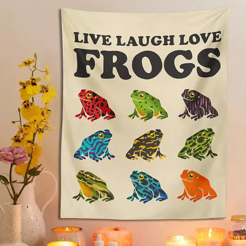 Beige decorbites frogs tapestry wall hanging for bedroom with live laugh love phrase and colorful stylized frogs grid
