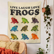 Beige live laugh love frogs tapestry wall hanging with bold black lettering and colorful frogs for decorbites frogs tapestry wall