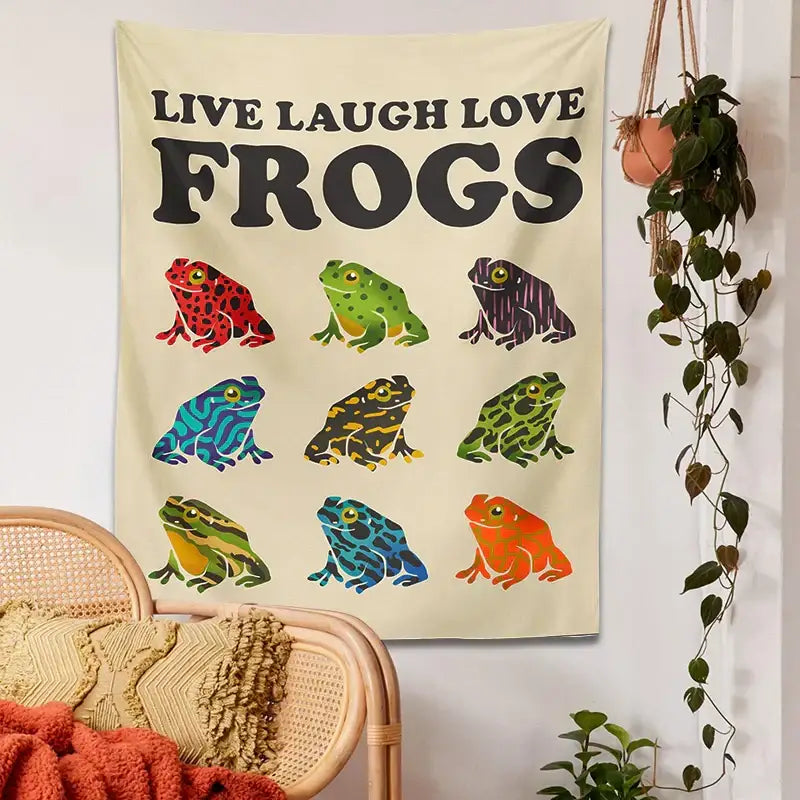 Beige live laugh love frogs tapestry wall hanging with bold black lettering and colorful frogs for decorbites frogs tapestry wall