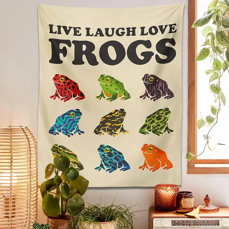 Beige live laugh love frogs tapestry wall hanging featuring colorful frog illustrations for bedroom decorbites frogs tapestry