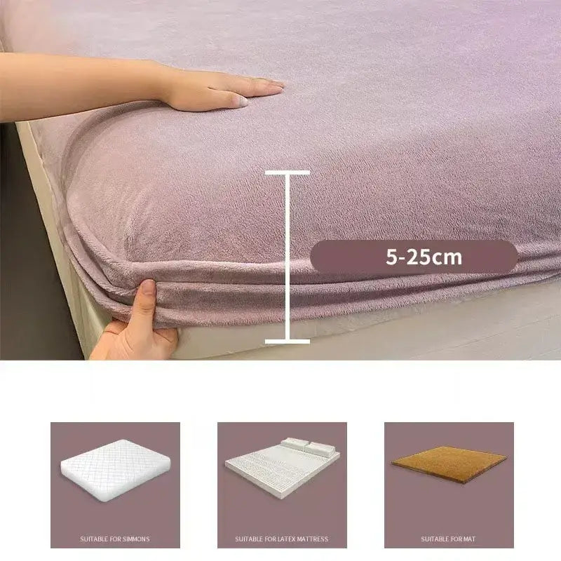 Soft lavender plush mattress cover with cozy textured fabric finish for beige milk velvet fitted sheet bedroom use