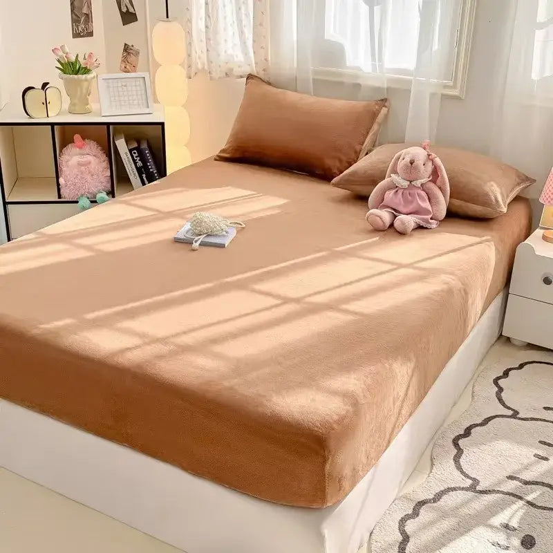 Soft plush tan beige milk velvet fitted sheet with cozy velvety texture for bedroom mattress topper use