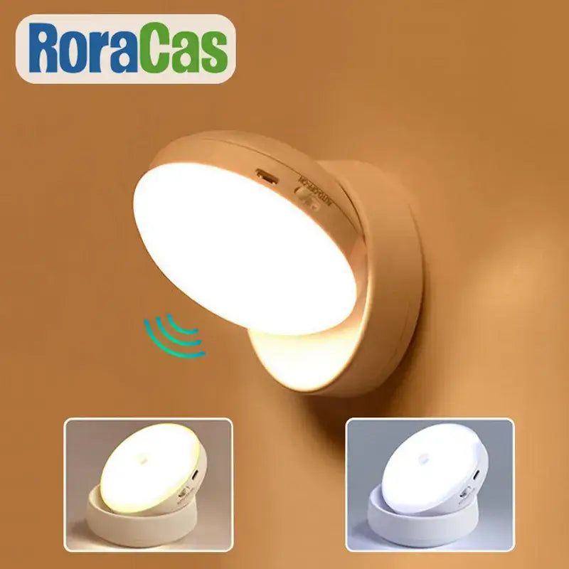 Beige roracas wall-mounted motion sensor rotate night light with circular flat design and dual led illumination for bedroom