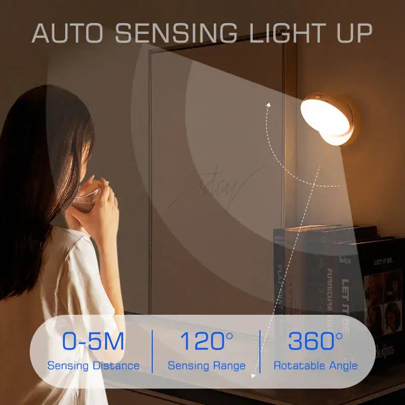 Beige rotate night light with warm circular glow, metallic finish, and auto-sensing design for bedroom wall use