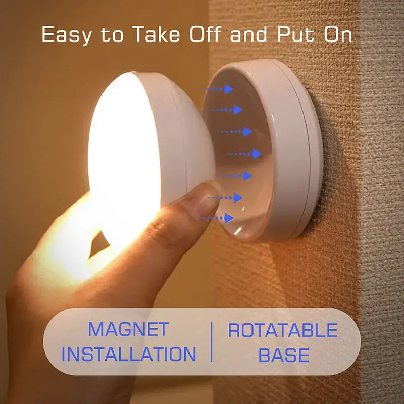 Beige motion sensor rotate night light with white circular magnetic led and rotatable wall-mounted base for bedroom use