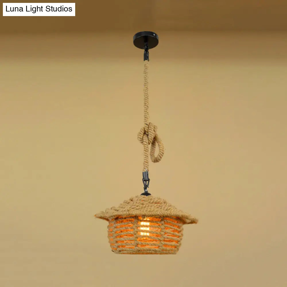 Beige Natural Rope Ceiling Pendant Light- 1 Light Industrial Lodge Style- Dining Room