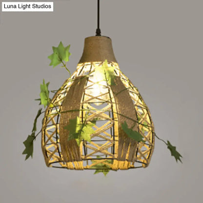 Beige Natural Rope Dome Hanging Lamp: Lodge-Style Pendant Lighting for Restaurants - 1 Head Design