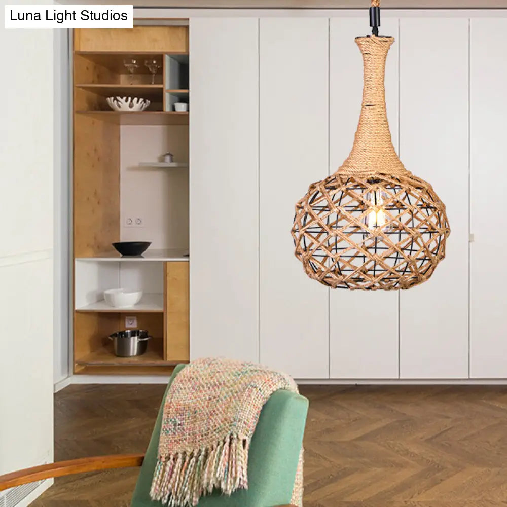 Beige Nautical Globe Cage Pendant Light with Metal & Rope Suspension - Ideal for Dining Room - 1 Light