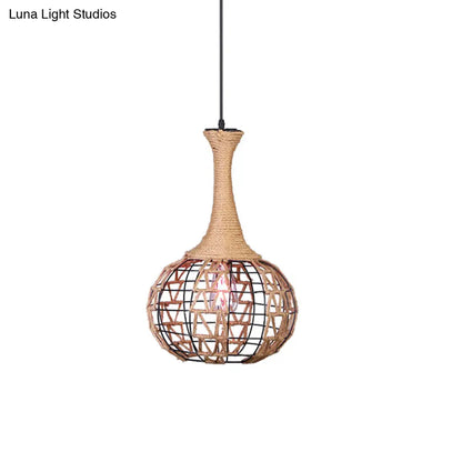 Beige Nautical Globe Cage Pendant Light with Metal & Rope Suspension - Ideal for Dining Room - 1 Light