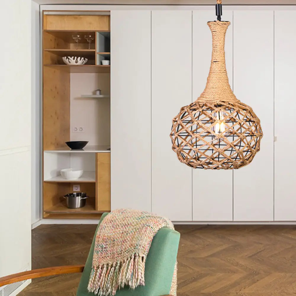 Beige Nautical Globe Cage Pendant Light with Metal & Rope Suspension - Ideal for Dining Room - 1 Light