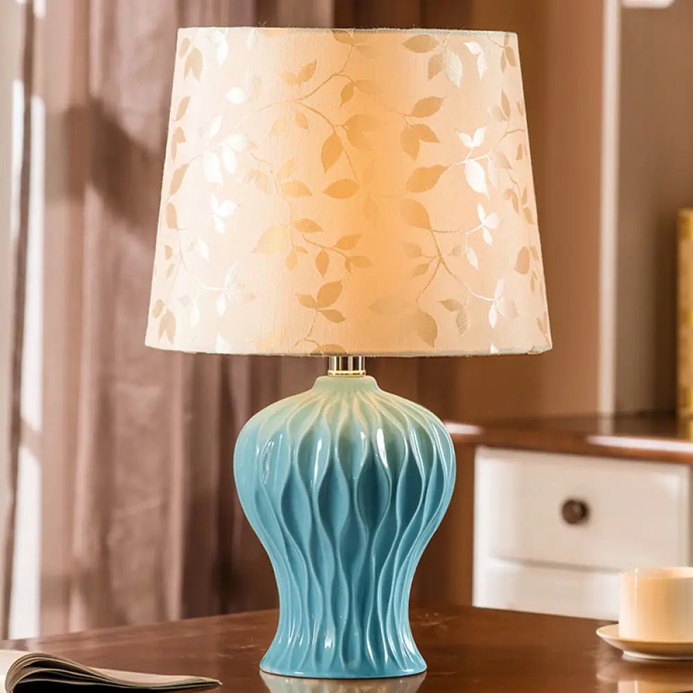 Beige Night Light with Leaf-Printed Fabric Shade - Traditional Table Lamp with Blue Urn Base