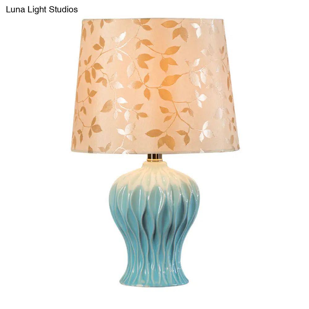 Beige Night Light with Leaf-Printed Fabric Shade - Traditional Table Lamp with Blue Urn Base