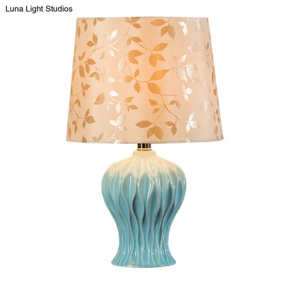 Beige Night Light with Leaf-Printed Fabric Shade - Traditional Table Lamp with Blue Urn Base