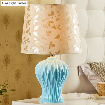 Beige Night Light with Leaf-Printed Fabric Shade - Traditional Table Lamp with Blue Urn Base