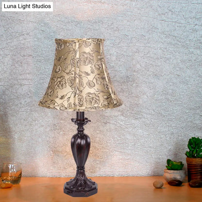 Beige Nightstand Lamp with Bell Shade - Antique Flower Pattern, Resin Font Design