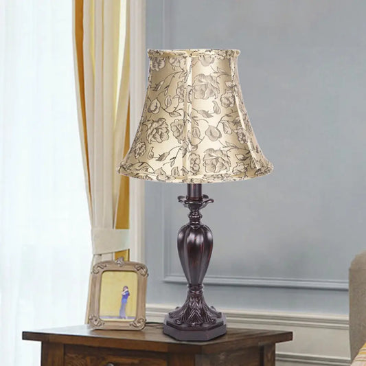Beige Nightstand Lamp with Bell Shade - Antique Flower Pattern, Resin Font Design