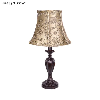 Beige Nightstand Lamp with Bell Shade - Antique Flower Pattern, Resin Font Design
