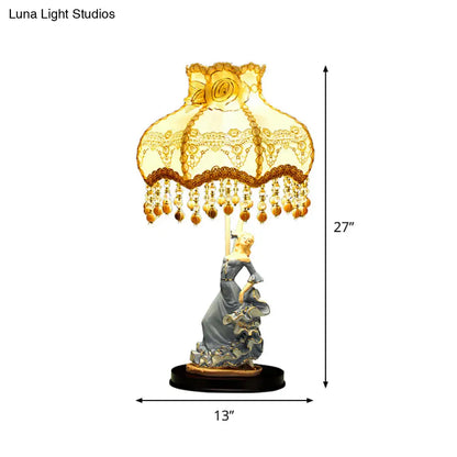 Beige Pastoral Night Light with Fabric Shade - Perfect Living Room Table Lighting, Ideal for Girl's Decor