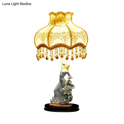 Beige Pastoral Night Light with Fabric Shade - Perfect Living Room Table Lighting, Ideal for Girl's Decor