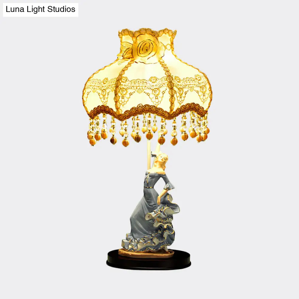 Beige Pastoral Night Light with Fabric Shade - Perfect Living Room Table Lighting, Ideal for Girl's Decor