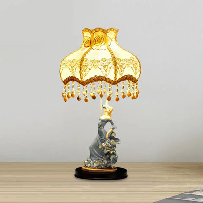 Beige Pastoral Night Light with Fabric Shade - Perfect Living Room Table Lighting, Ideal for Girl's Decor