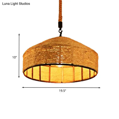 Beige Pendant Light Fixture - Hand-Woven Mongolian Yurts Design with Antiqued Rope - 12"/16"/19.5" Wide