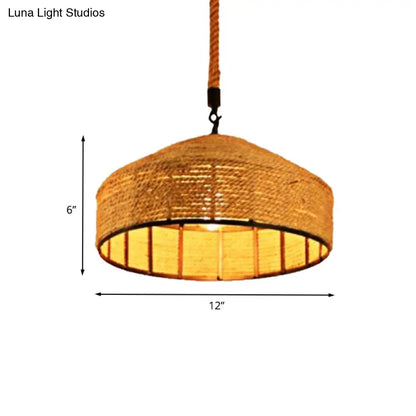 Beige Pendant Light Fixture - Hand-Woven Mongolian Yurts Design with Antiqued Rope - 12"/16"/19.5" Wide