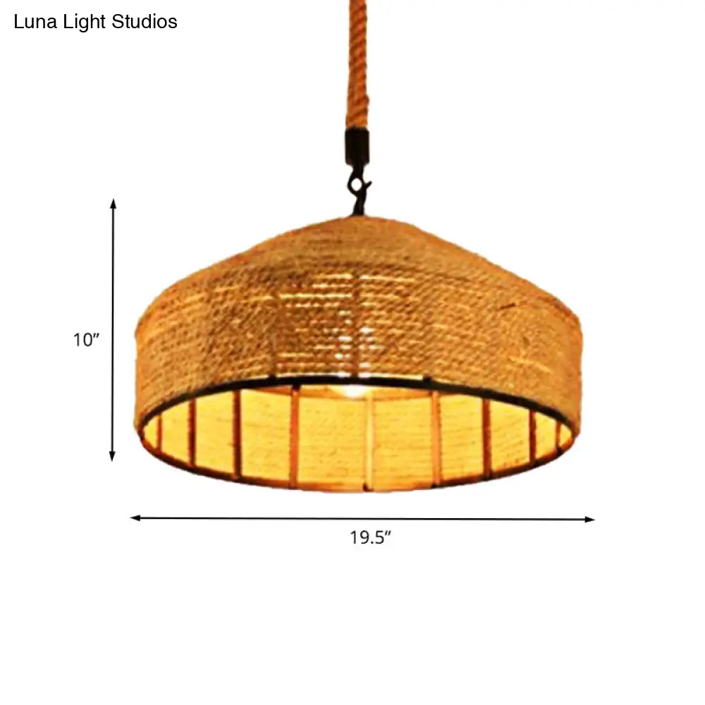 Beige Pendant Light Fixture - Hand-Woven Mongolian Yurts Design with Antiqued Rope - 12"/16"/19.5" Wide