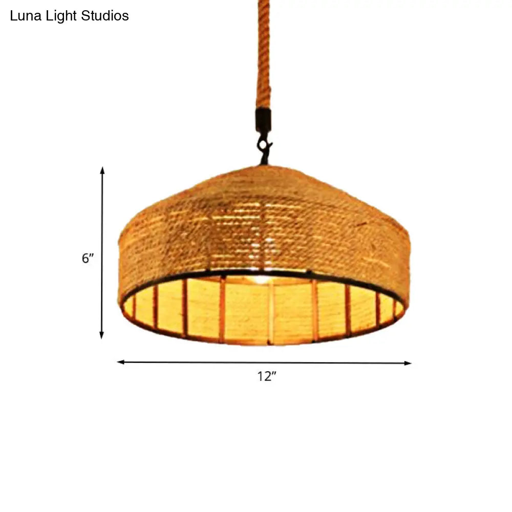 Beige Pendant Light Fixture - Hand-Woven Mongolian Yurts Design with Antiqued Rope - 12"/16"/19.5" Wide