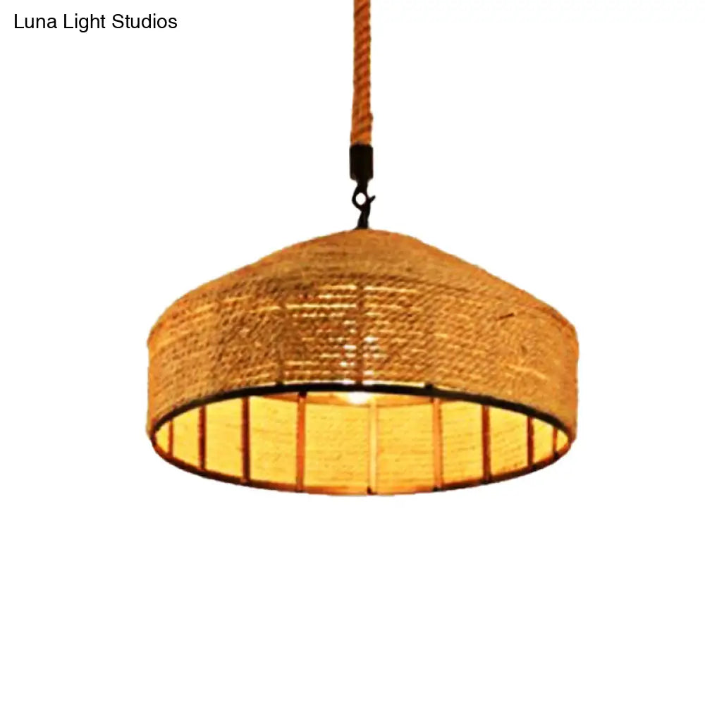 Beige Pendant Light Fixture - Hand-Woven Mongolian Yurts Design with Antiqued Rope - 12"/16"/19.5" Wide