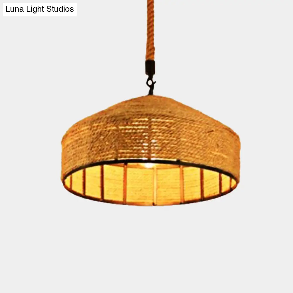 Beige Pendant Light Fixture - Hand-Woven Mongolian Yurts Design with Antiqued Rope - 12"/16"/19.5" Wide