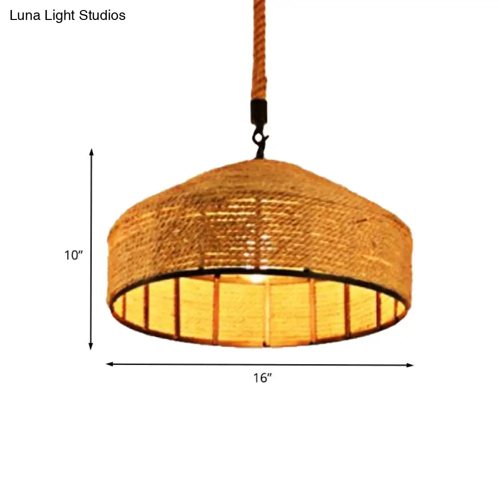 Beige Pendant Light Fixture - Hand-Woven Mongolian Yurts Design with Antiqued Rope - 12"/16"/19.5" Wide