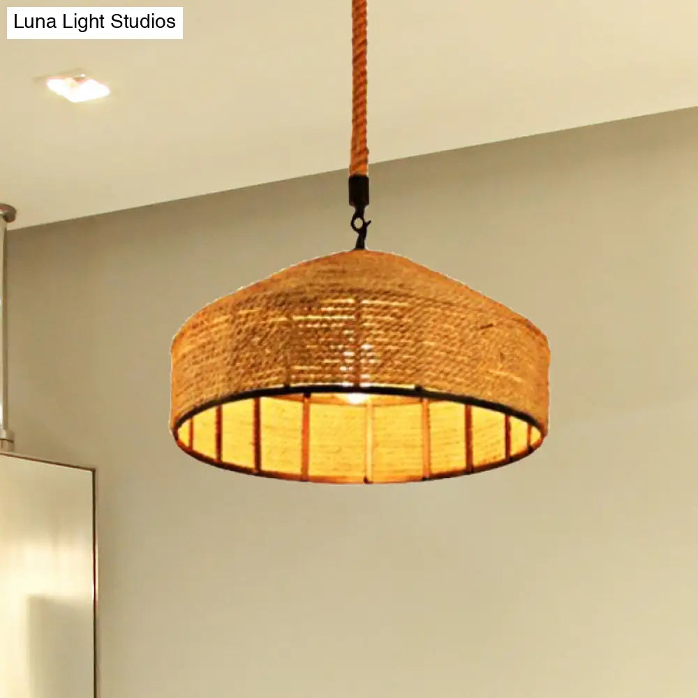 Beige Pendant Light Fixture - Hand-Woven Mongolian Yurts Design with Antiqued Rope - 12"/16"/19.5" Wide