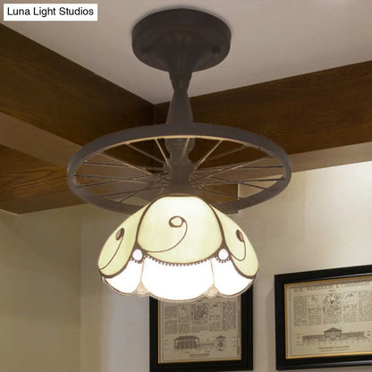 DecorBites™ Beige Petal Shaped Ceiling Light with Tiffany Glass for Cafe - Semi Flush, 1 Light