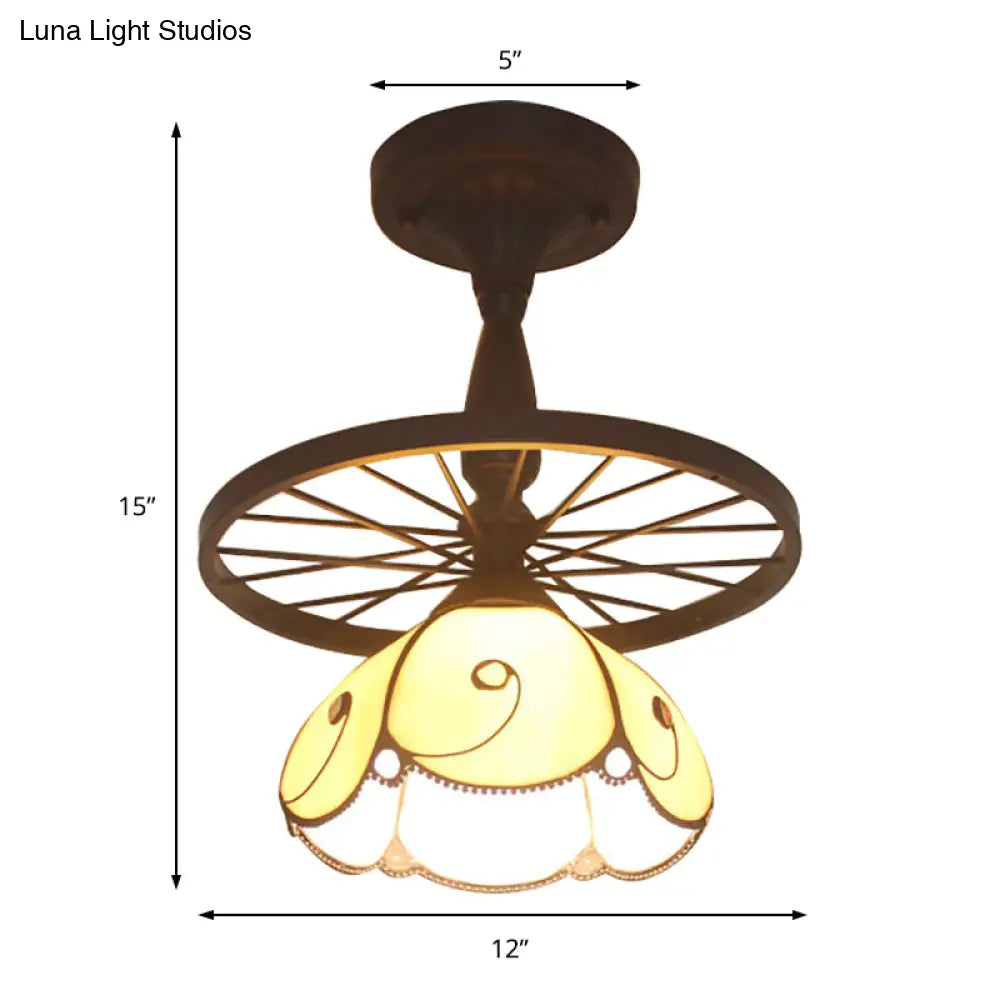 DecorBites™ Beige Petal Shaped Ceiling Light with Tiffany Glass for Cafe - Semi Flush, 1 Light