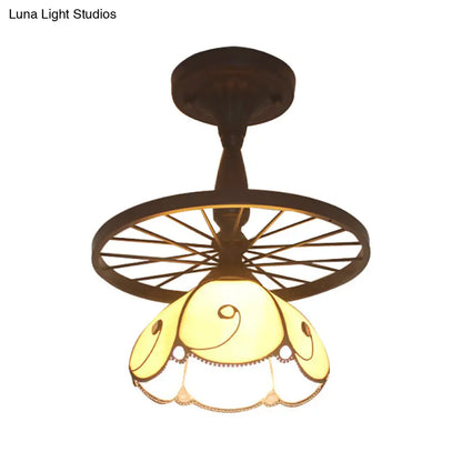 DecorBites™ Beige Petal Shaped Ceiling Light with Tiffany Glass for Cafe - Semi Flush, 1 Light