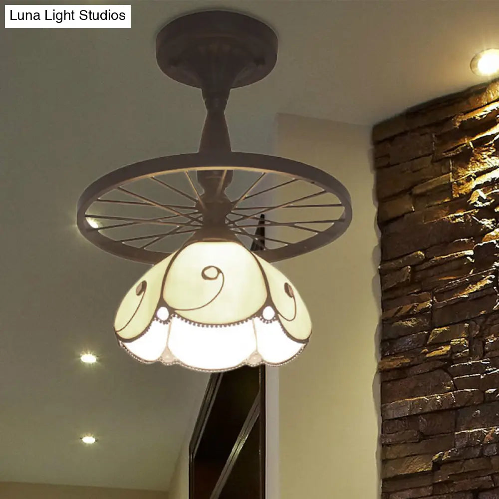 DecorBites™ Beige Petal Shaped Ceiling Light with Tiffany Glass for Cafe - Semi Flush, 1 Light