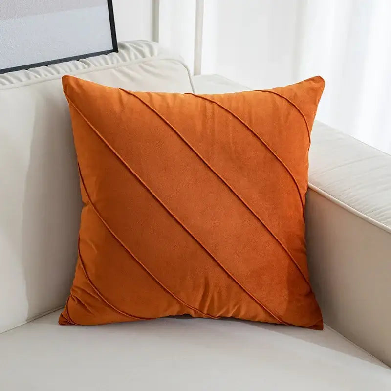 Orange velvet throw pillow with diagonal hand pleat embroidered pleats for living room velvet cushions