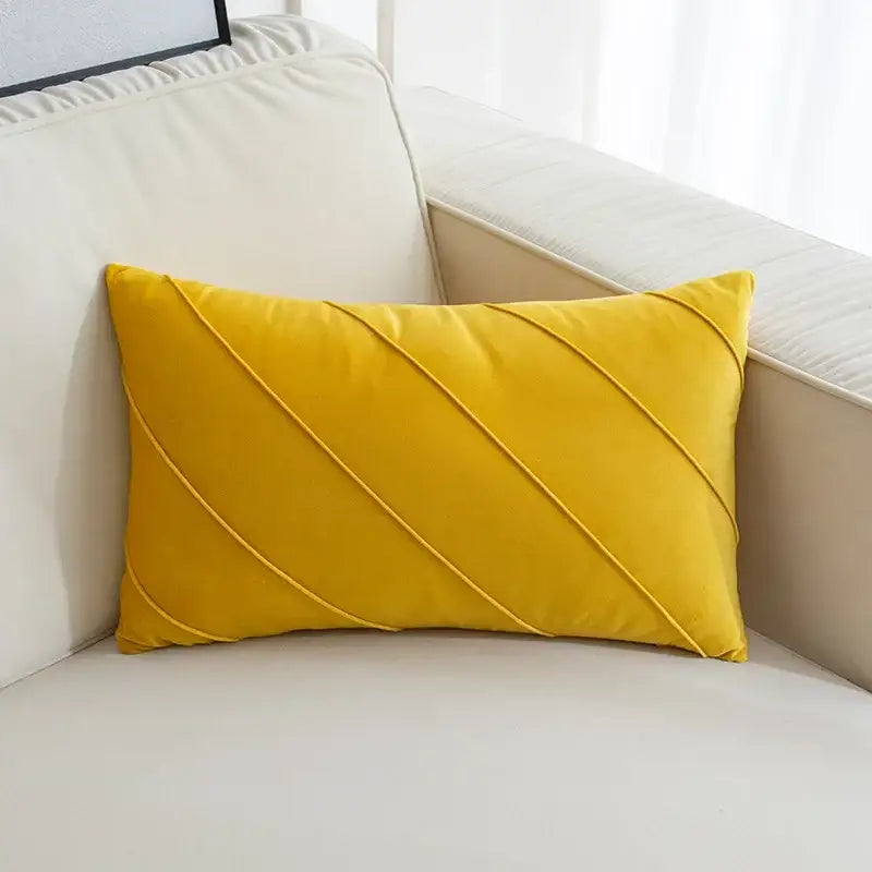 Vibrant yellow velvet rectangular pillow with diagonal hand pleat embroidered designs for living room decor