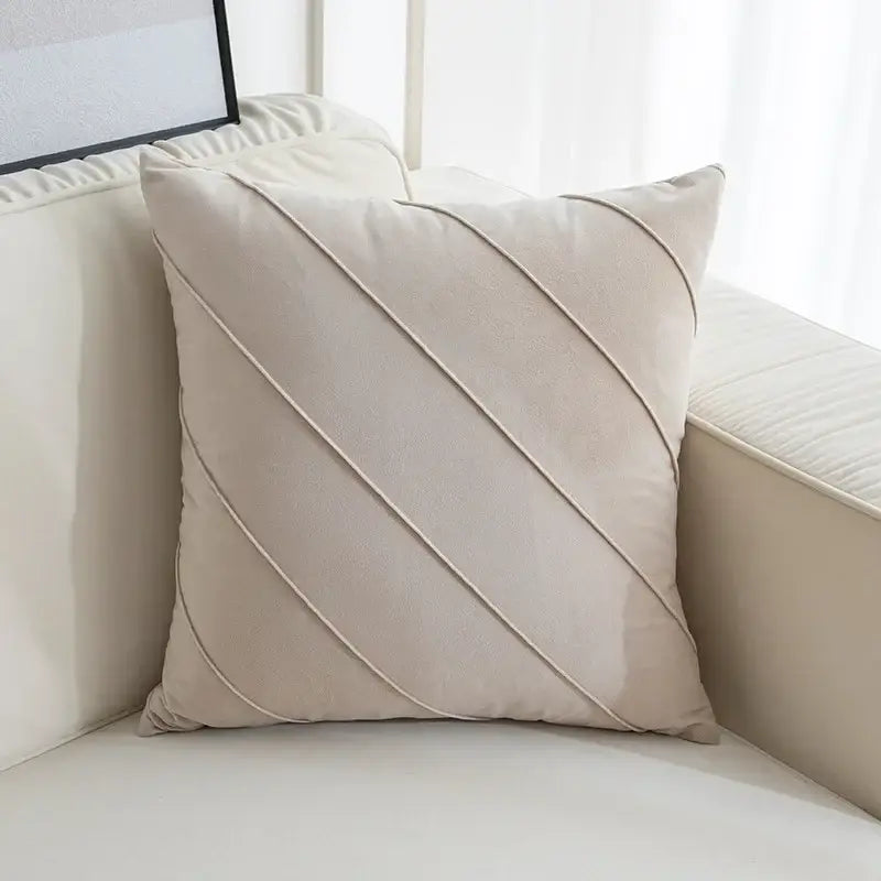 Beige velvet throw pillow with diagonal stitched detailing featuring hand pleat embroidered cushions for living room