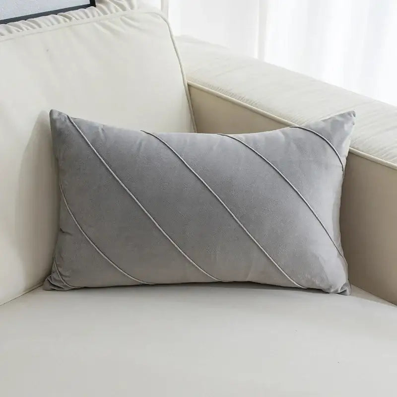 Gray velvet rectangular pillow with diagonal stitched lines hand pleat embroidered cushions for living room use