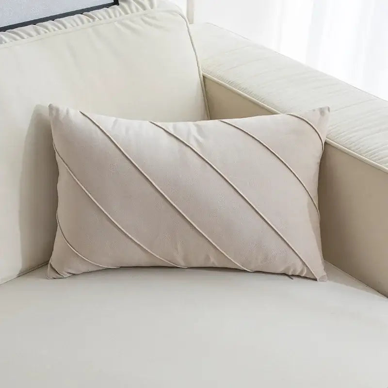 Beige velvet rectangular pillow with diagonal hand pleat embroidered pleats for living room use