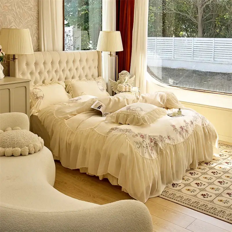 Beige pink lace bedding set with cream ruffled texture floral embroidery and tufted headboard by decorbites beige pink