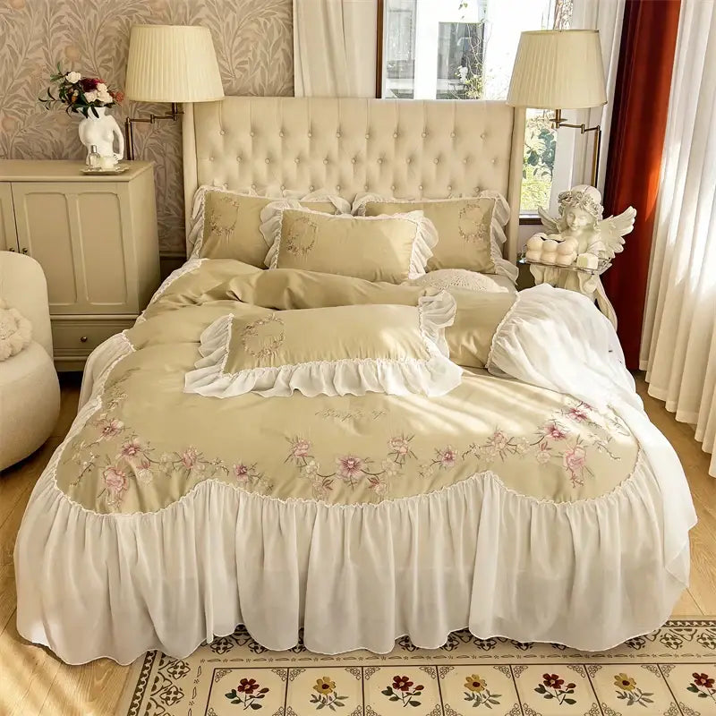 Beige pink lace embroidery bedding set with floral design, ruffled white trim, and scalloped edges for decorbites beige pink decor