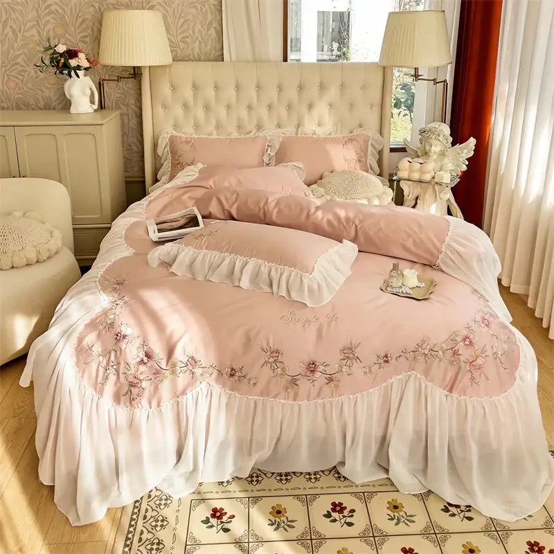 Beige pink lace floral embroidered bedding set with ruffled white trim decorbites beige pink bedroom decor