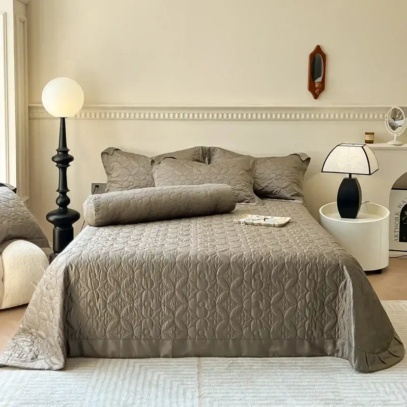 Beige quilted floral eucalyptus fiber bedspread with ruffled edges for bedroom decorbites eucalyptus fiber bedspread