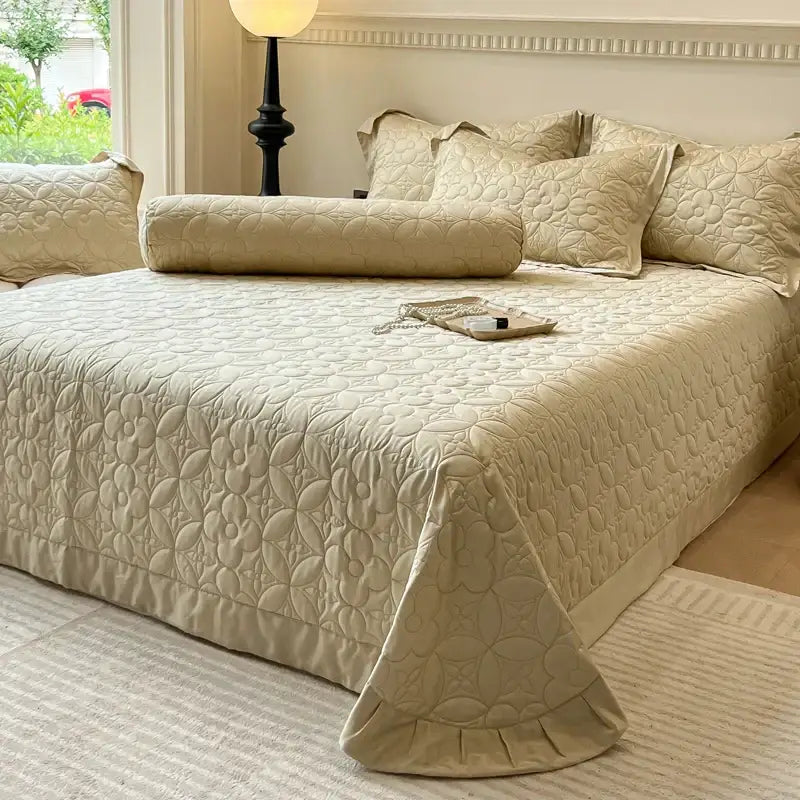 Beige quilted floral eucalyptus fiber bedspread with ruffled edge for bedroom decorbites eucalyptus fiber bedspread