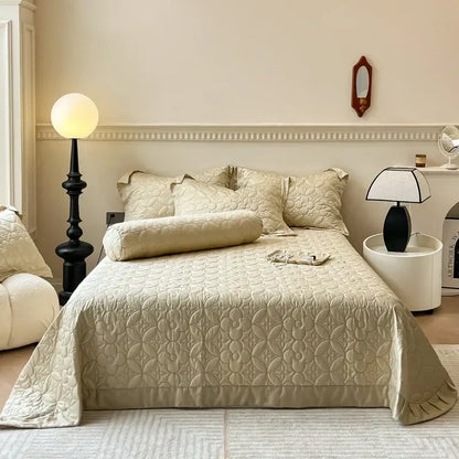 Beige quilted floral eucalyptus fiber bedspread with ruffled edges for bedroom decorbites eucalyptus fiber cover