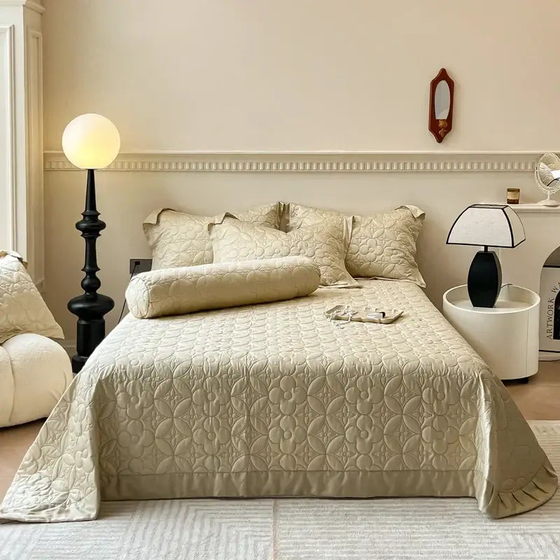 Beige quilted floral eucalyptus fiber bedspread with ruffled edges for bedroom decorbites eucalyptus fiber cover
